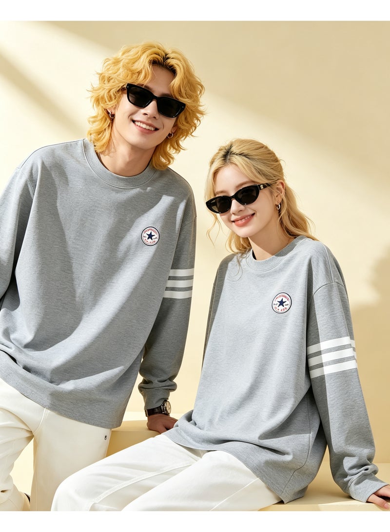 Converse Casual Crew Neck Long Sleeve Sweatshirt, Loose Fit Couple Sweatshirt, Daily Streetwear for Men & Women, Light Grey - Image 3