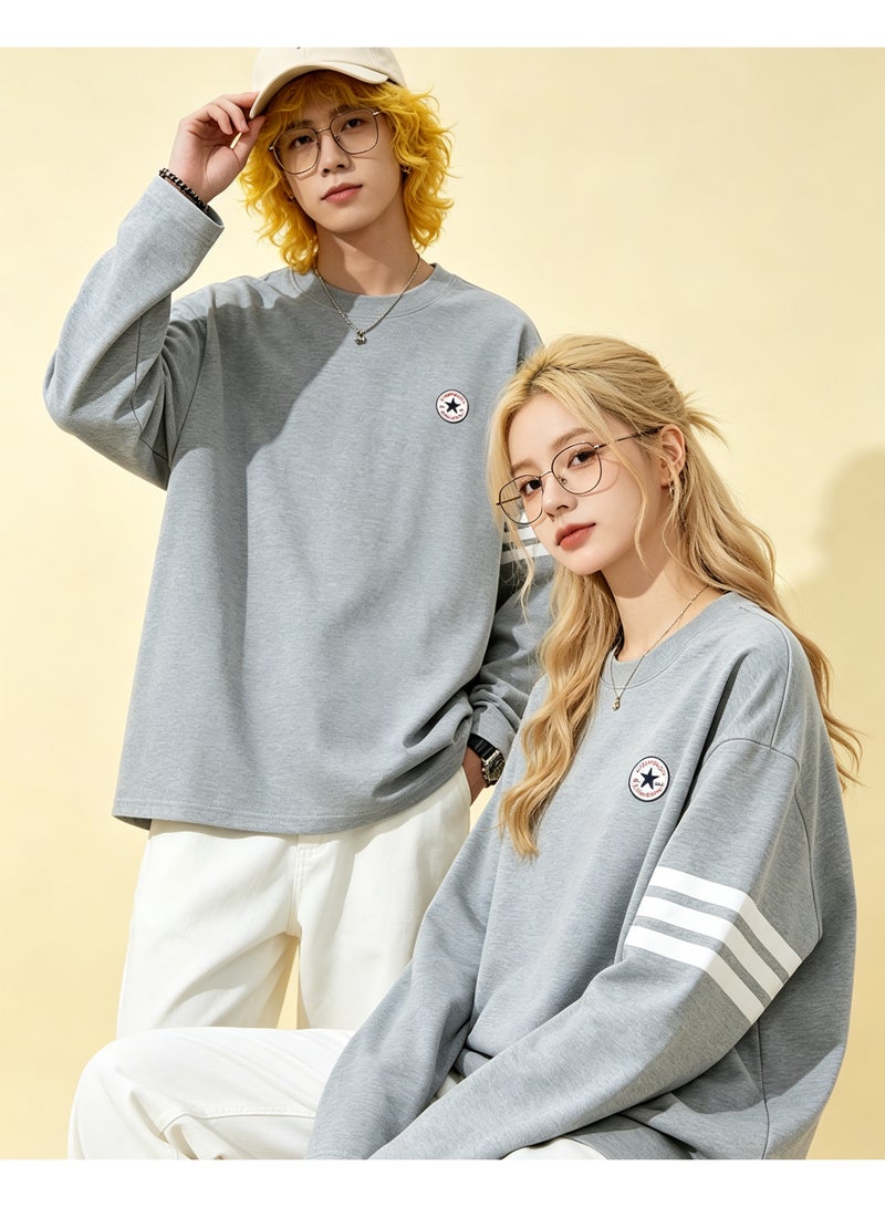 Converse Casual Crew Neck Long Sleeve Sweatshirt, Loose Fit Couple Sweatshirt, Daily Streetwear for Men & Women, Light Grey - Image 1