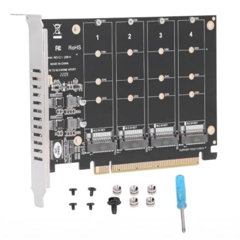 محول M.2 NVME SSD إلى PCIE X16 لخادم سطح المكتب، ألومنيوم أسود، مصفوفة SSD ذات 4 منافذ مع مؤشر LED - Image 1