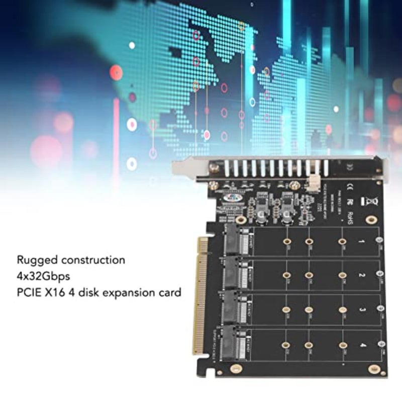 محول M.2 NVME SSD إلى PCIE X16 لخادم سطح المكتب، ألومنيوم أسود، مصفوفة SSD ذات 4 منافذ مع مؤشر LED - Image 3