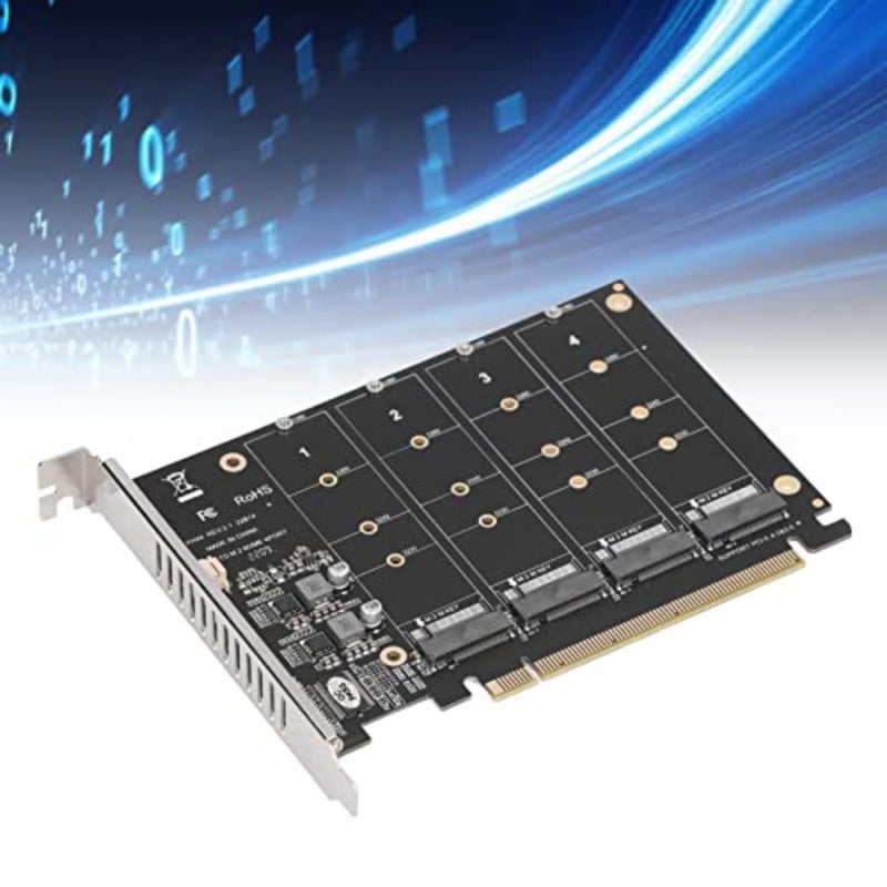 محول M.2 NVME SSD إلى PCIE X16 لخادم سطح المكتب، ألومنيوم أسود، مصفوفة SSD ذات 4 منافذ مع مؤشر LED - Image 2