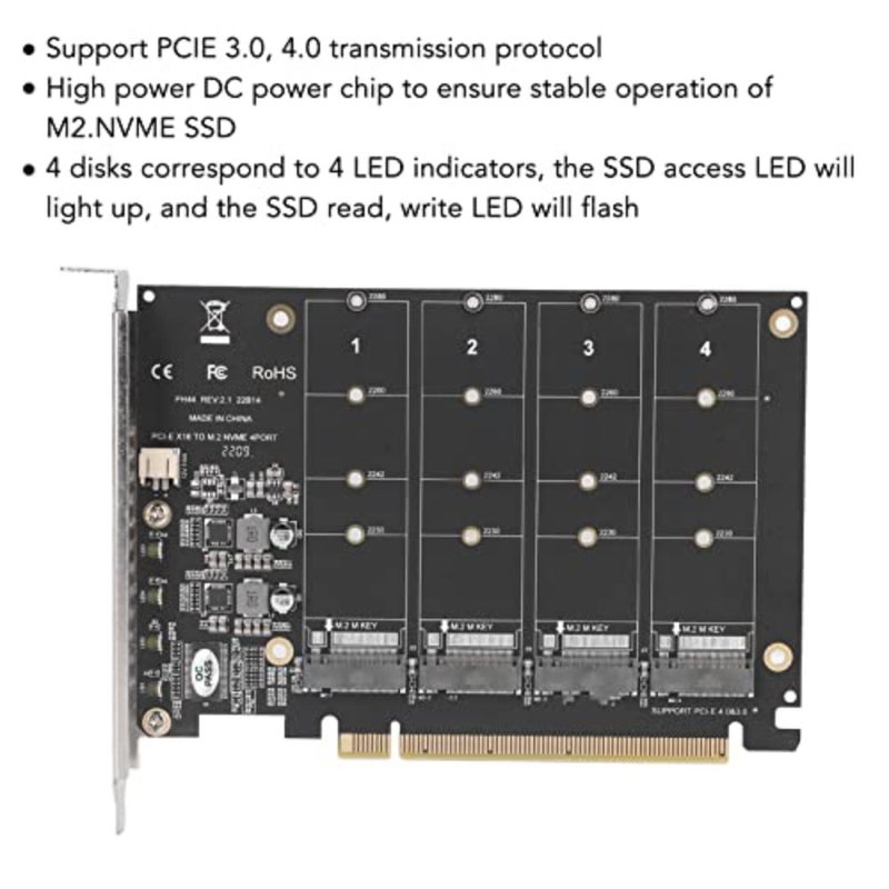 محول M.2 NVME SSD إلى PCIE X16 لخادم سطح المكتب، ألومنيوم أسود، مصفوفة SSD ذات 4 منافذ مع مؤشر LED - Image 4