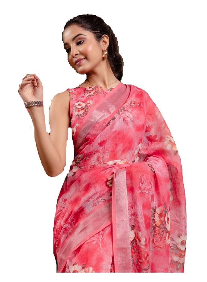 SIRIL ساري نسائي من القطن والكتان مزخرف بالأزهار جاهز للارتداء مع قطعة بلوزة غير مخيطة (56RS164_وردي فاتح) - Image 1