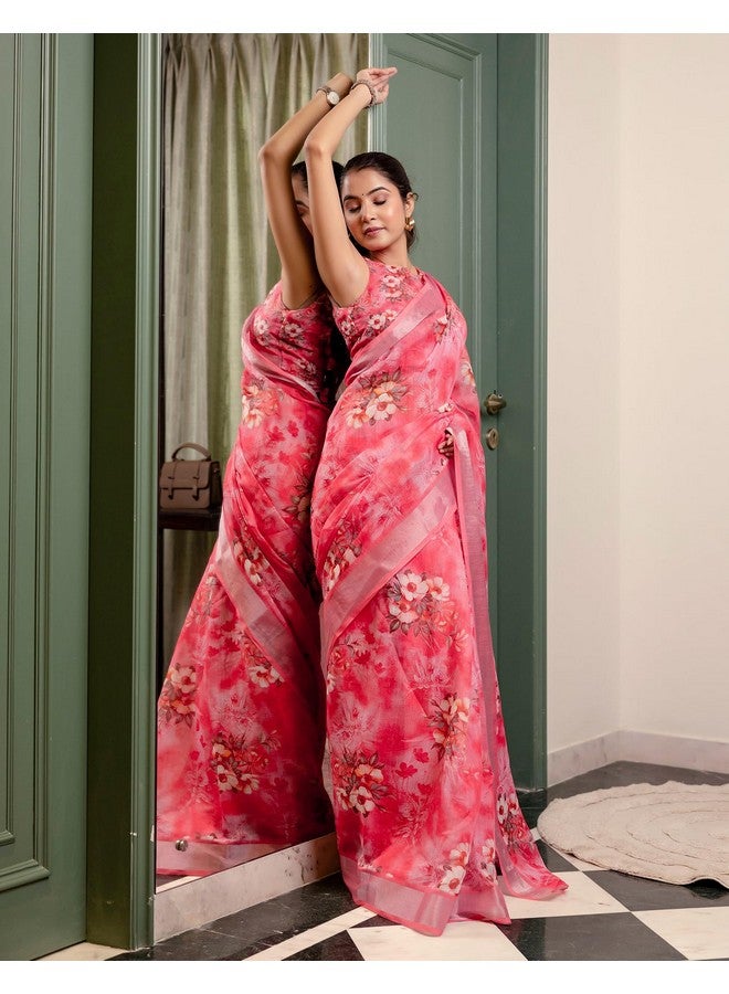 SIRIL ساري نسائي من القطن والكتان مزخرف بالأزهار جاهز للارتداء مع قطعة بلوزة غير مخيطة (56RS164_وردي فاتح) - Image 2