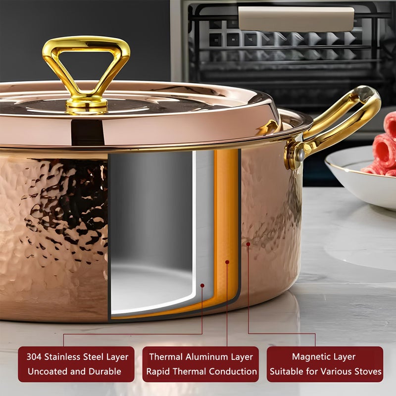 YJX 4.2QT Hammered Stock Pot with Lid, Copper Rose Gold, Tri-Ply Stainless Steel, Multi-Functional Cookware for Bake Roast Braise Saute, Magnetic Base, Dishwasher and Oven Safe (26CM) - Image 5