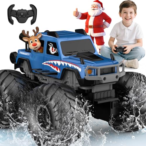 NQD Monster Truck Toys Waterproof 360Rotate 4x4 RC Truck Amphibious Remote Control Monster Trucks 24GHz All Terrain OffRoad Pickup Toy RC Car for Gifts for Boys Kids Age 6 7 8 9 10 11 12 Blue - Image 1