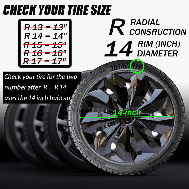 Aiqiying Hubcaps Wheel Cover Replacement Size R14 Hub Cap Universal-Fit Steel Wheels Rims Cover ABS Tire Caps for Most Car Truck Sedan SUV -Set of 4ï¼ˆ14-inchï¼ŒBlackï¼‰ - Image 3