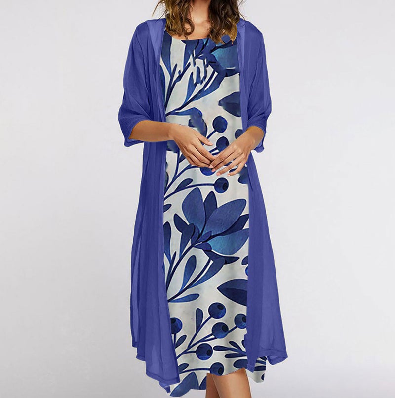 2022 European and American Amazon summer womens dress two-piece set popular flowers and plants printed round neck dress coat for women Blue Flower Fruit