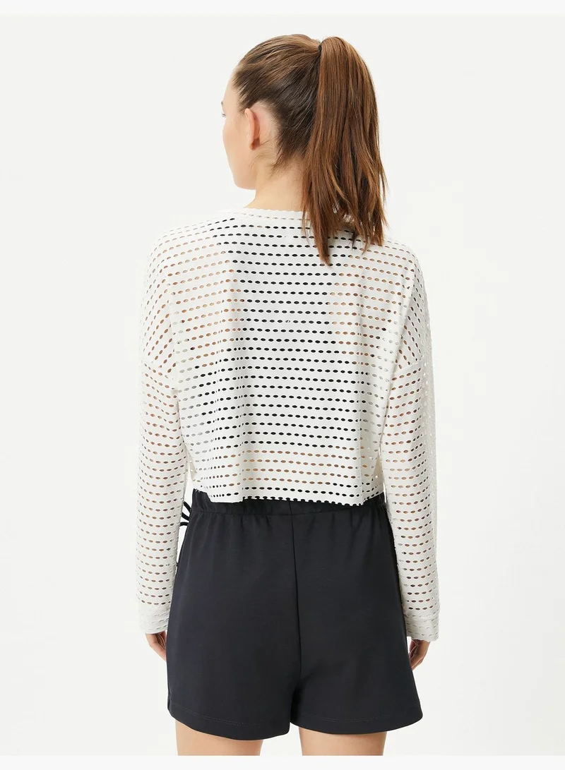 كوتون Crop Mesh T-Shirt Sport Long Sleeve Crew Neck