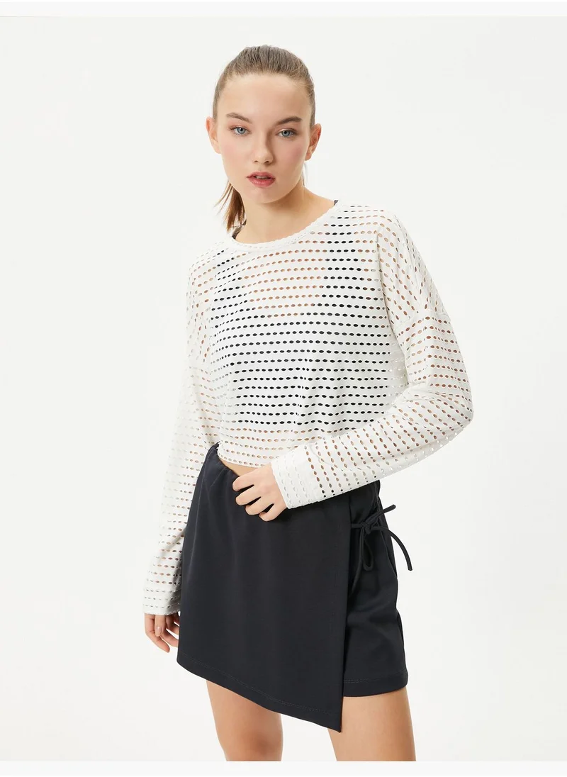 كوتون Crop Mesh T-Shirt Sport Long Sleeve Crew Neck