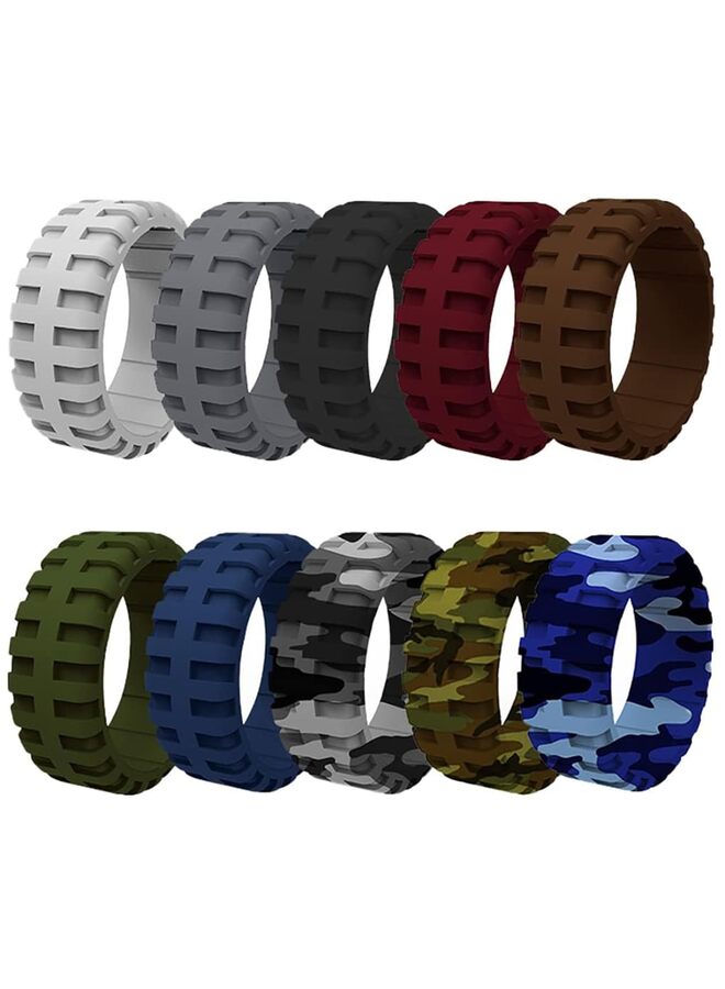 Mens 8.7mm Wide Tire Pattern Silicone Wedding Band 10pcs set Black Brown Camo Blue Rubber Rings(9) - Image 1