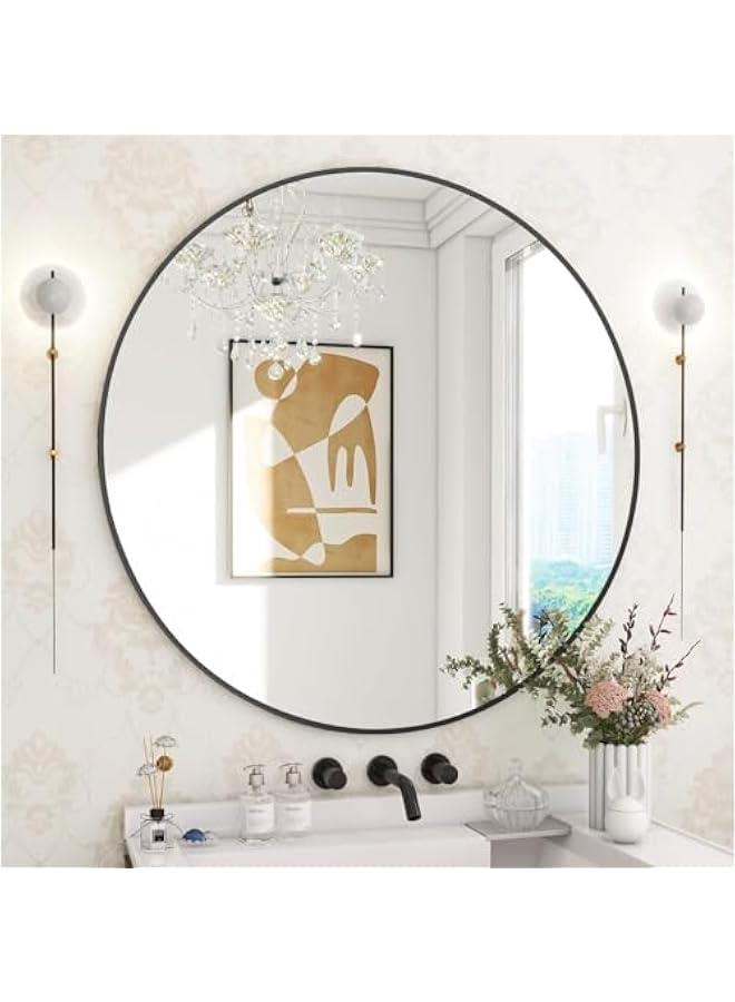 ميكسد Black Round Mirror,Glass Wall Mirror Circular with Metal Frame Matte Circle Mirror for Bathroom Vanity Bedroom Hallway Living Room Home Wall Decor (50cm) - Image 3