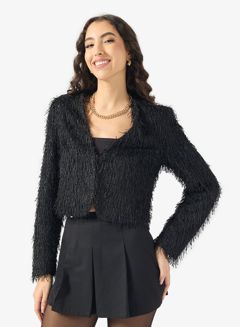 ONLY Fuzzy Feather Glitter Bomber Jacket - Image 1