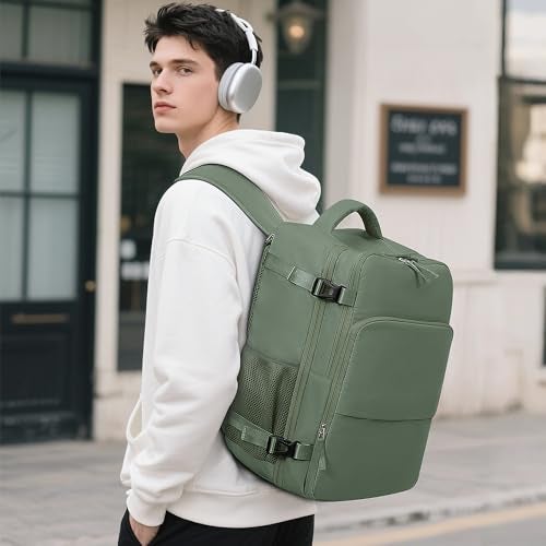 Sinaliy Personal Item Backpack Carry on Travel Backpack with MultiPockets Waterproof Casual College 16inch Laptop Backpack for Men Women Army Green - Image 3