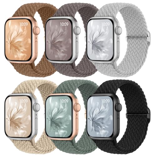 Knossen 6 Pack Braided Stretchy Bands Compatible with Apple Watch Band 38mm 40mm 41mm 42mm 44mm 45mm 46mm 49mm Women Men Adjustable Nylon Solo Loop Elastic Straps for iWatch Series 11 10 9 8 7 6 5 4 SE Ultra - Image 1