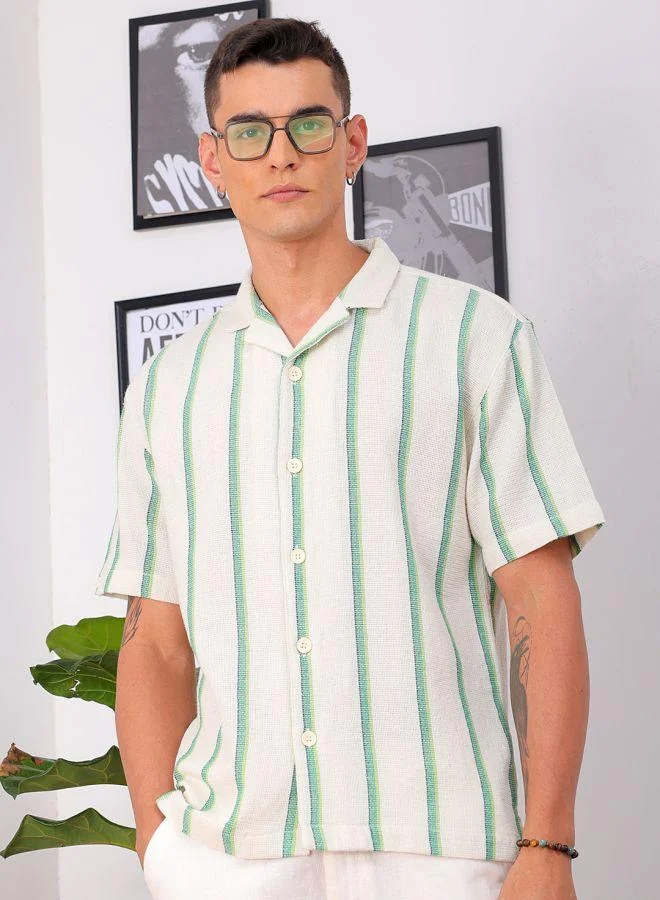 The Indian Garage Co Men Relaxed Fit Striped Half Sleeves Cuban Collar Resort Wear Shirt