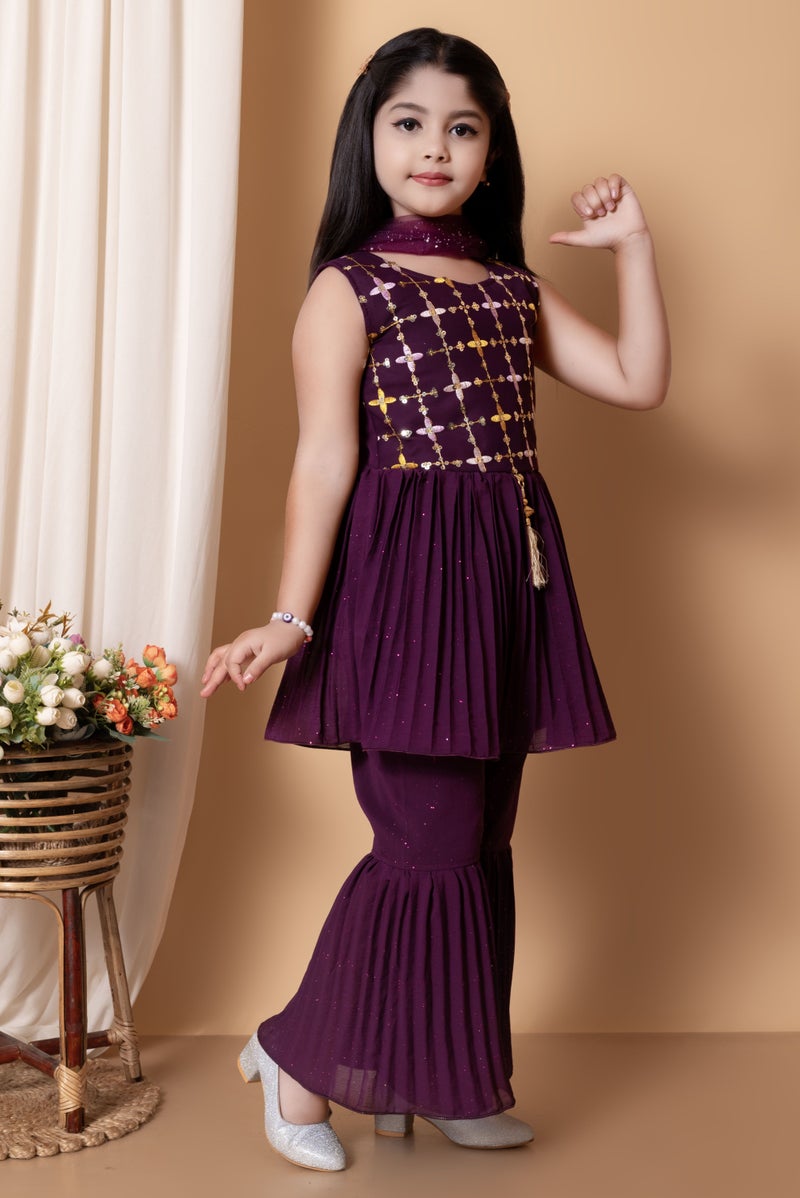 5 STAR COLLECTION Purple Ethnic Kurti with Sharara Pants for Girls - Image 3