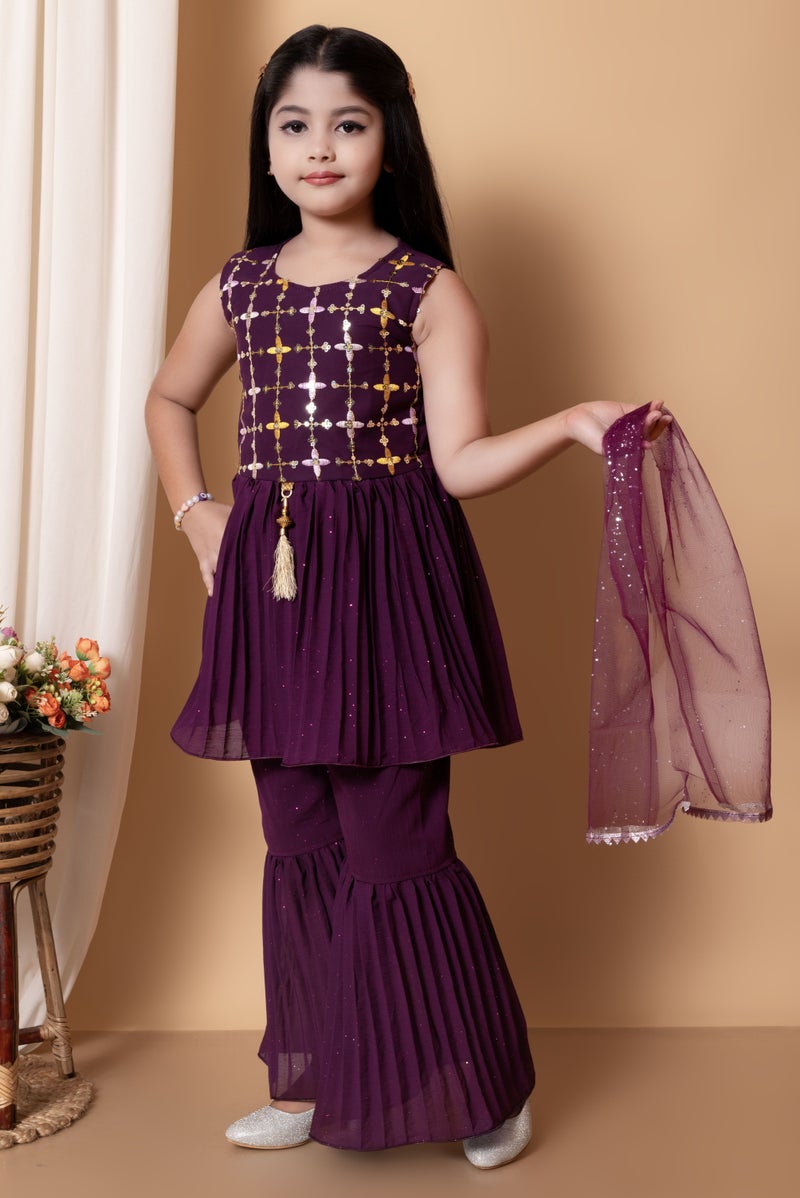 5 STAR COLLECTION Purple Ethnic Kurti with Sharara Pants for Girls - Image 4