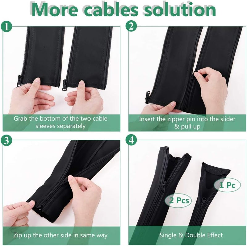 StangH Computer Cord Management Sleeve System - Adjustable Cord Sleeves Wire Cover Concealer Wrap with Zipper, Durable Tidy Cord Keeper for Office Theater/Home, Black,39 Inch Long, 2 Pcs - Image 4