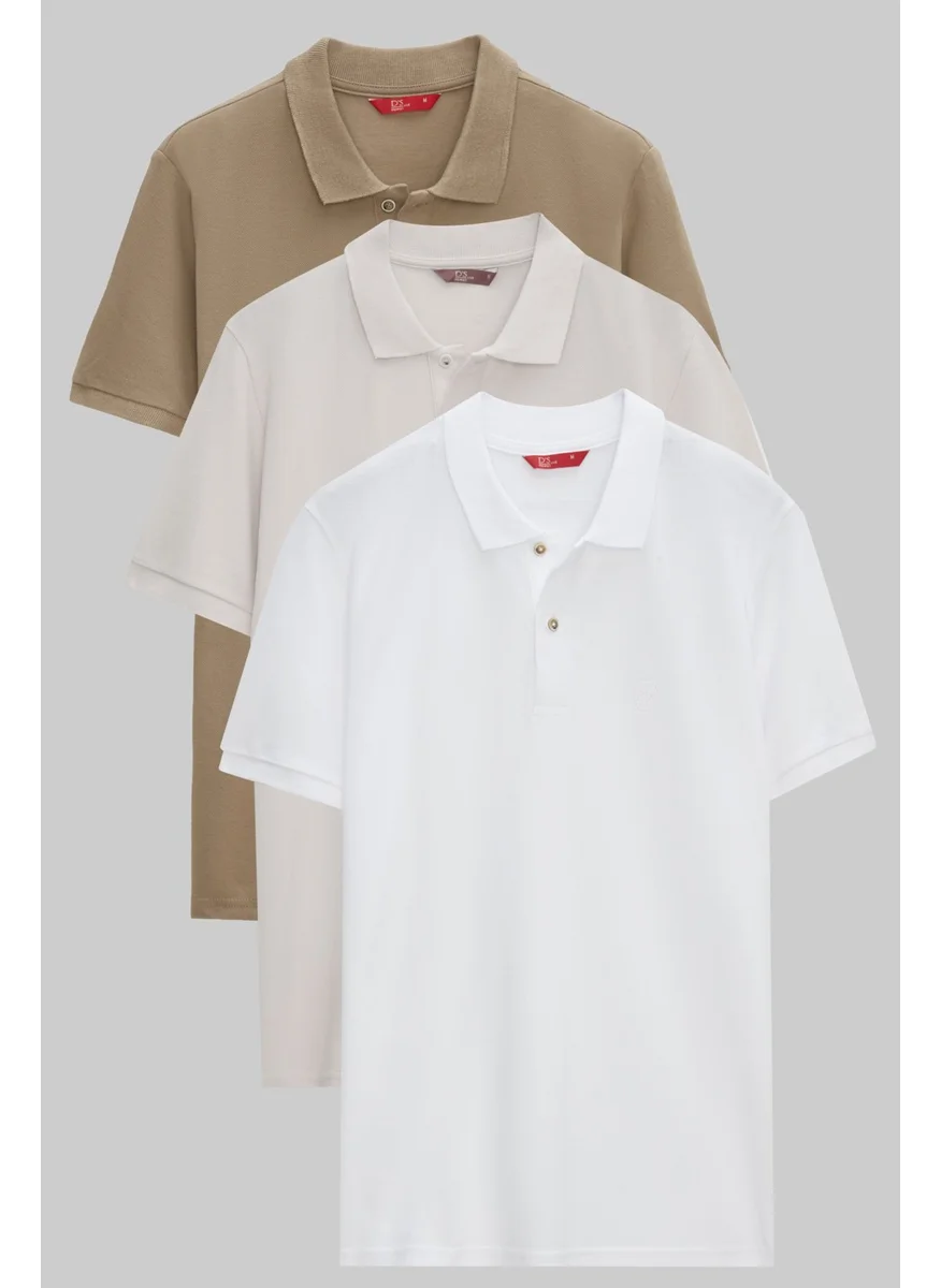 D'S DAMAT Regular Fit Mink/stone/white Pique Textured 100% Cotton Polo Neck T-Shirt