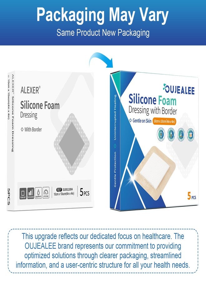 OUJEALEE Silicone Foam Dressing with Border - 5 Pack | Ultra-Gentle Skin Adhesive | Super Absorbent Wound Pad | Sterile & Waterproof | Pain-Free Removal for Sensitive Skin (4" x 4" - Image 2