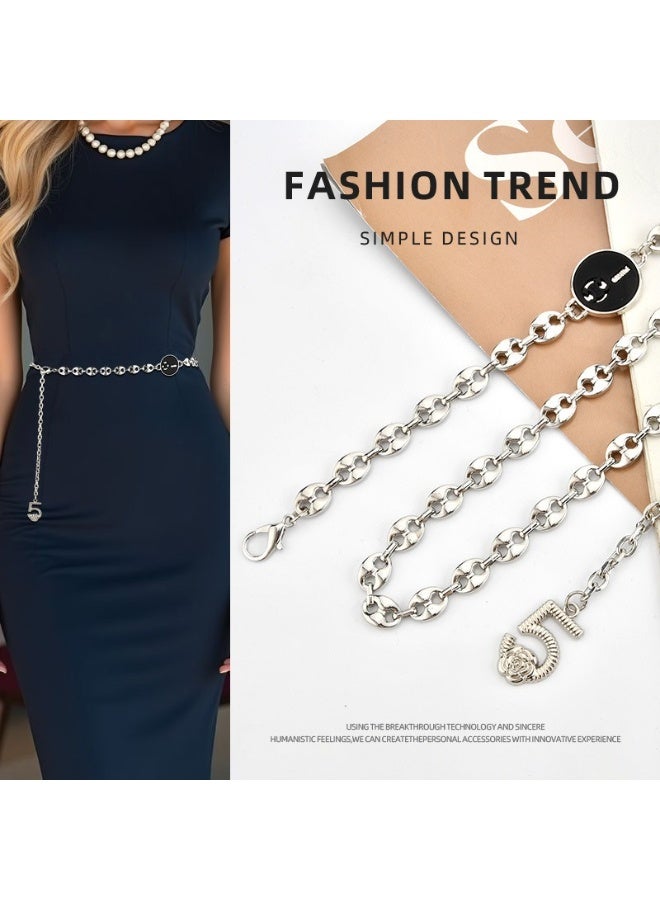 Women's Fashion Metal Waist Chain, Silver Tone, with Number '5' Charm - Image 1
