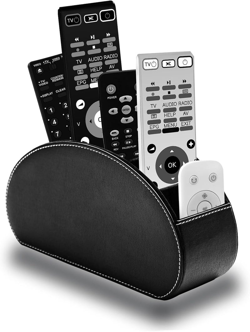SAGREENY Leather Remote Control Holder With 5 Compartments Tv Remote Caddy Store Box,Office Supplies,Desktop Organizer For Controller, Glasses And Media Player,Pen Storage(Black) - Image 3