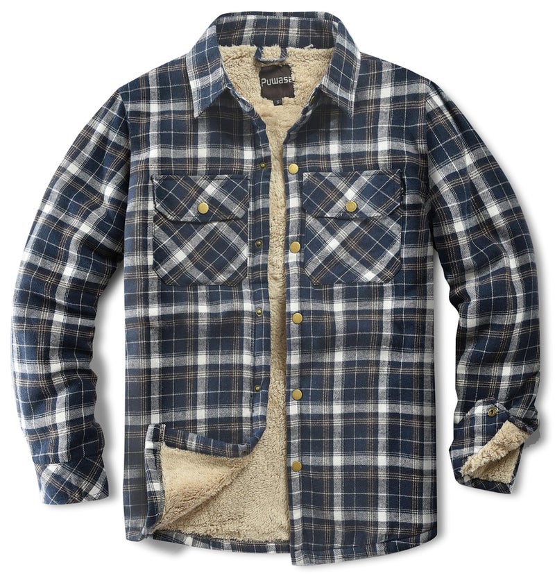 Puwasa Mens Fleece Lined Plaid Flannel Shirt Jacket Long Sleeve Button Down Coat for Men Blue Small