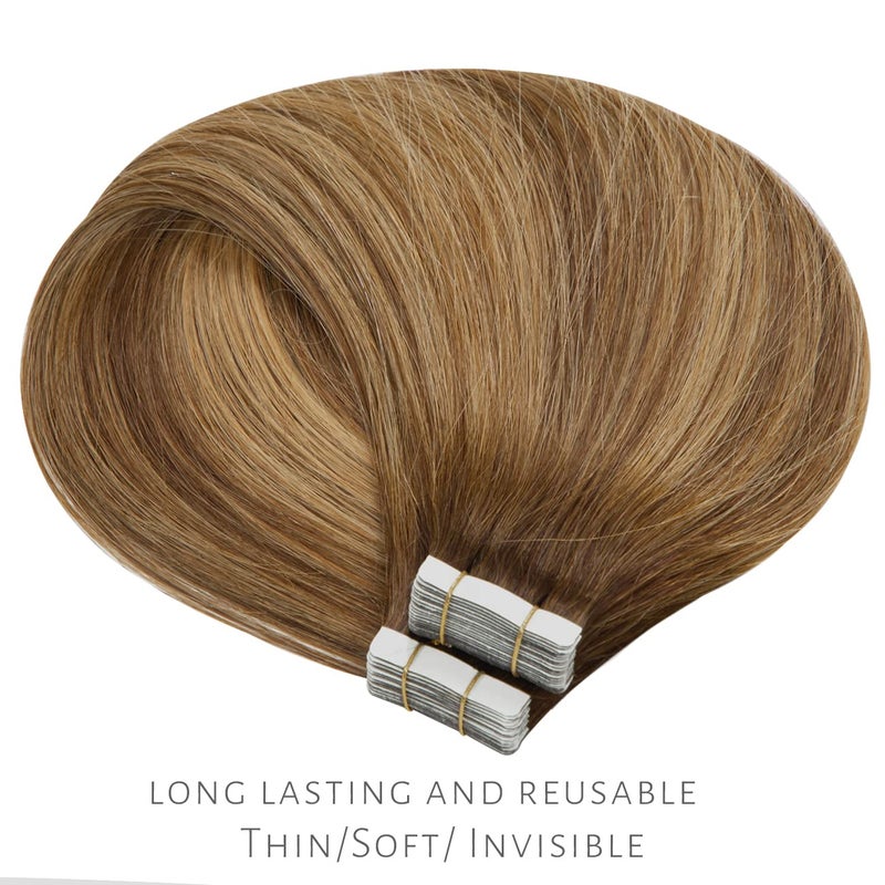 Lacer Tape in Hair Extensions Human Hair 20pcs 50g Balayage Chocolate Brown to Caramel Blonde Tape in Hair Extensions 16 Inch R#4-4/27 Thick Ends - Image 5
