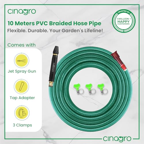 Cinagro 10 Meter 0.5 inch Heavy Duty 3 Layered Braided PVC Garden Hose Pipe with Jet Spray, Tap Adapter & 3 Clamps, Water Pipe for Garden, Car Washing, Garden Pipe for Home (32.8 feet, Green) - Image 2