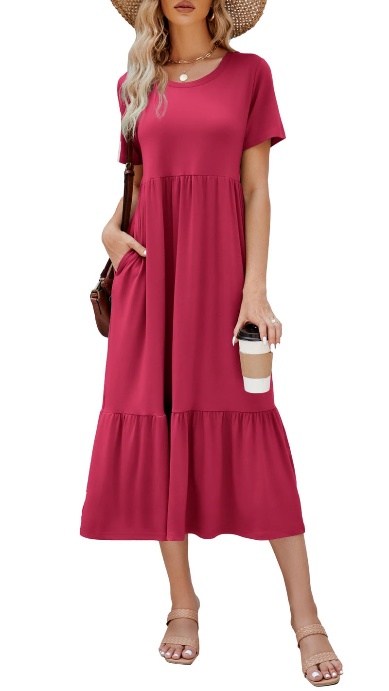 Jeqeocafy Summer Dresses for Women Flowy Maxi Sundress Short Sleeve Tiered Beach Dress with Pockets 2026 Vacation Travel Rose - Image 1