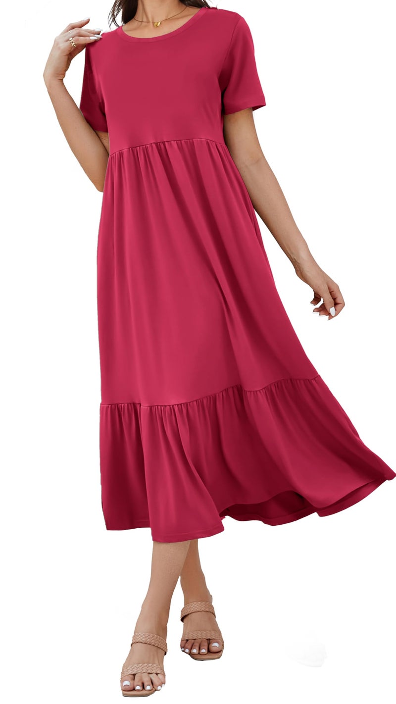 Jeqeocafy Summer Dresses for Women Flowy Maxi Sundress Short Sleeve Tiered Beach Dress with Pockets 2026 Vacation Travel Rose - Image 5