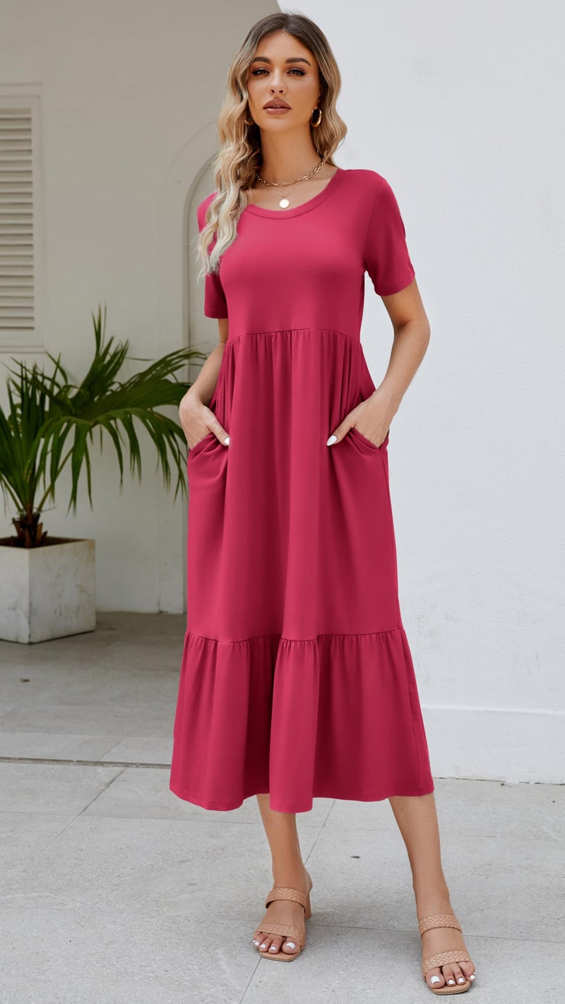 Jeqeocafy Summer Dresses for Women Flowy Maxi Sundress Short Sleeve Tiered Beach Dress with Pockets 2026 Vacation Travel Rose - Image 3