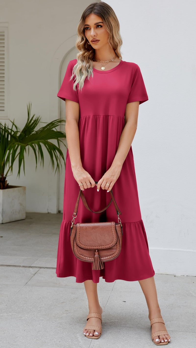 Jeqeocafy Summer Dresses for Women Flowy Maxi Sundress Short Sleeve Tiered Beach Dress with Pockets 2026 Vacation Travel Rose - Image 2