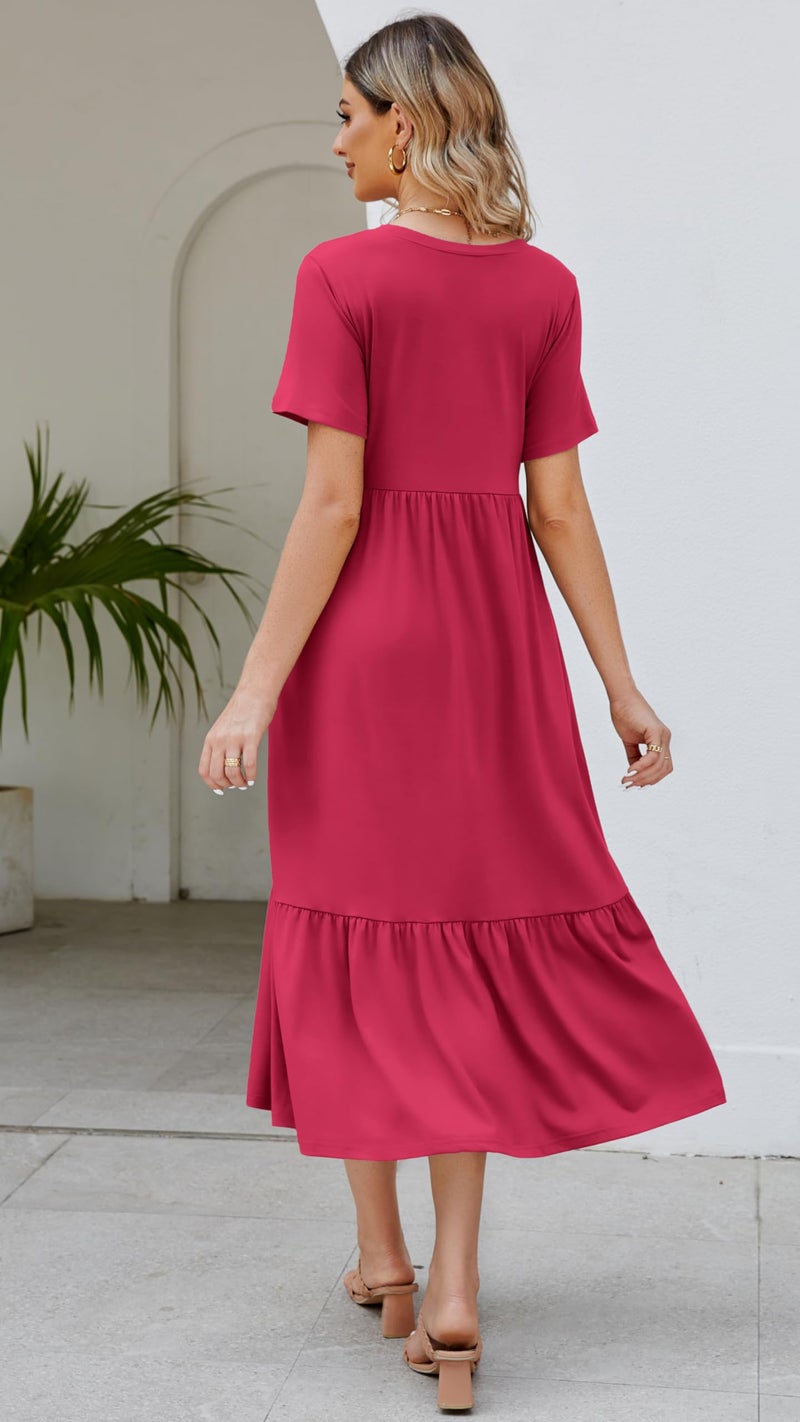 Jeqeocafy Summer Dresses for Women Flowy Maxi Sundress Short Sleeve Tiered Beach Dress with Pockets 2026 Vacation Travel Rose - Image 4