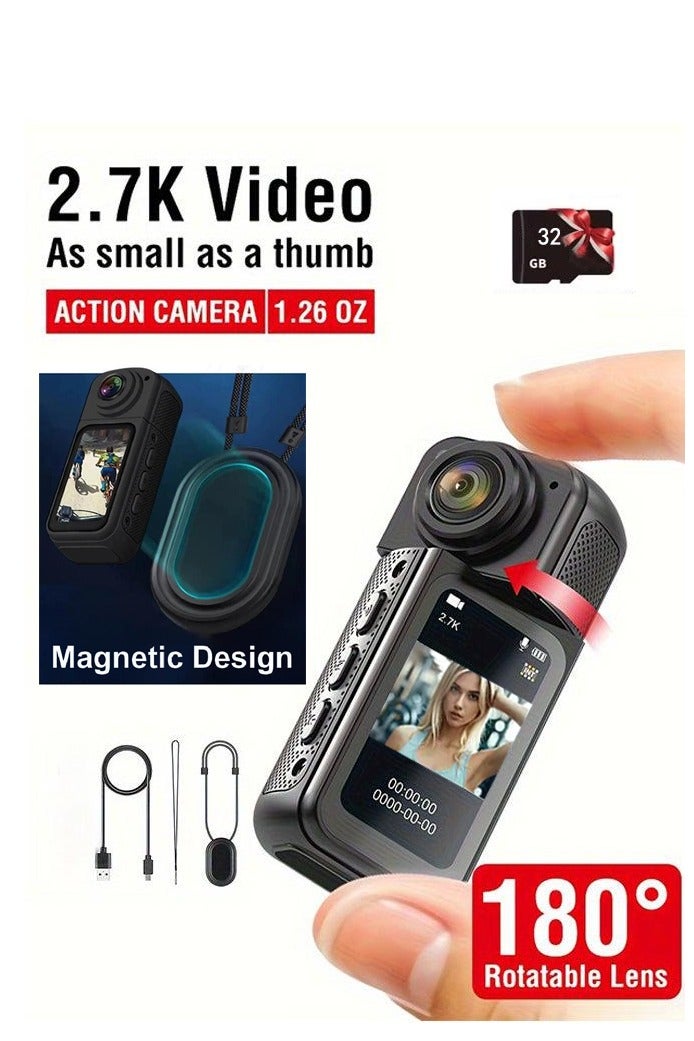 SahlTech New 2.7K HD Mini Sports Camera with 180° Rotating Multi-Angle Design, Compact 1.47 HD Magnetic Camcorder, Portable Thumb Camera Including 32GB Memory Card, and WiFi Connectivity for Versatile Vlog Recording, Cycling, Travel, and Sports DV - Image 1