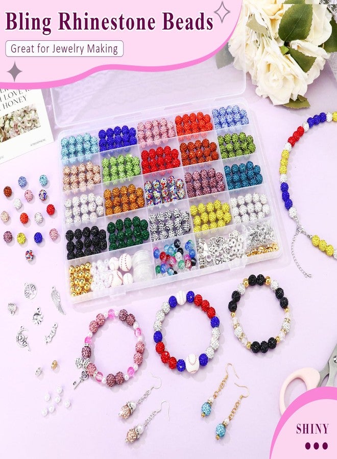 Dowarm 480PCS 10mm Rhinestone Beads Kit for Jewelry Making Baseball Necklace Friendship Bracelet, Round Disco Ball Rhinestone Clay Beads Set with Crackle Beads Spacer Beads Charms for DIY Crafting - Image 3