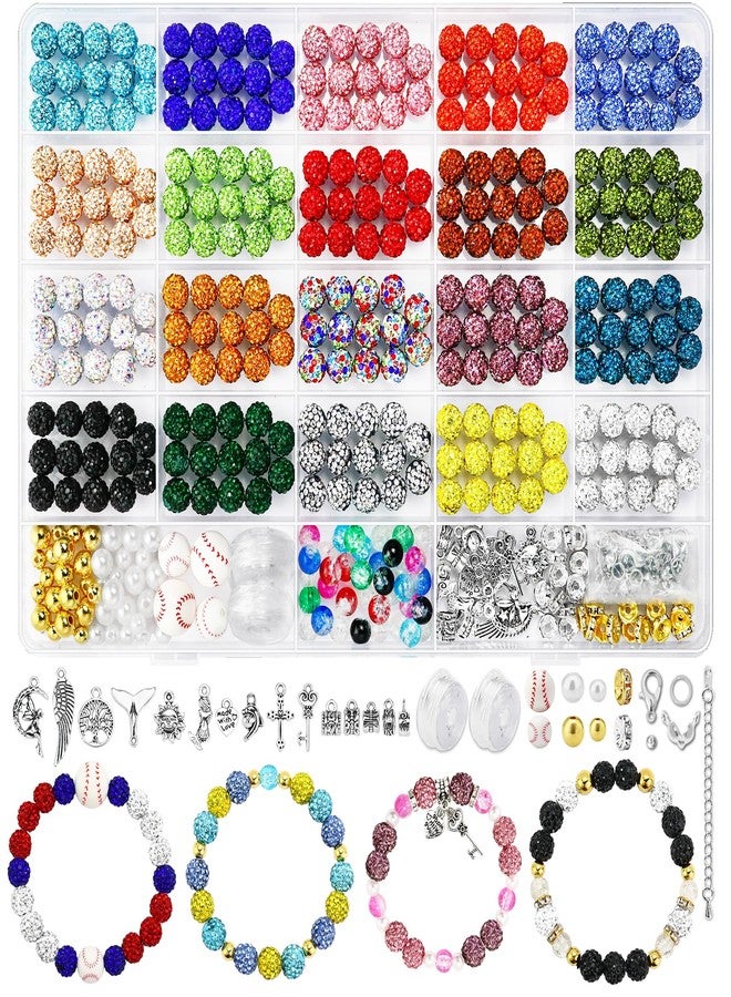 Dowarm 480PCS 10mm Rhinestone Beads Kit for Jewelry Making Baseball Necklace Friendship Bracelet, Round Disco Ball Rhinestone Clay Beads Set with Crackle Beads Spacer Beads Charms for DIY Crafting - Image 1