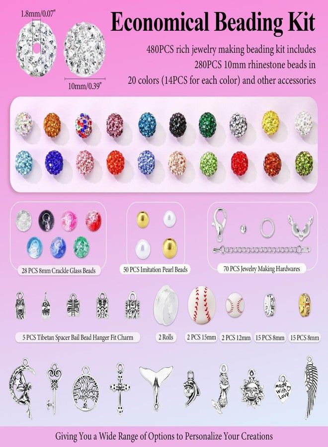 Dowarm 480PCS 10mm Rhinestone Beads Kit for Jewelry Making Baseball Necklace Friendship Bracelet, Round Disco Ball Rhinestone Clay Beads Set with Crackle Beads Spacer Beads Charms for DIY Crafting - Image 2