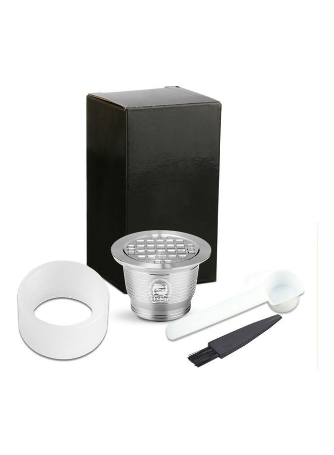 NIBEMINENT Compatible With Nespresso Stainless Steel Coffee Capsule Reusable Refillable Cup Filter with Brush Spoon Powder-press Ring Silver 11*5.5*5.5cm  - Image 1