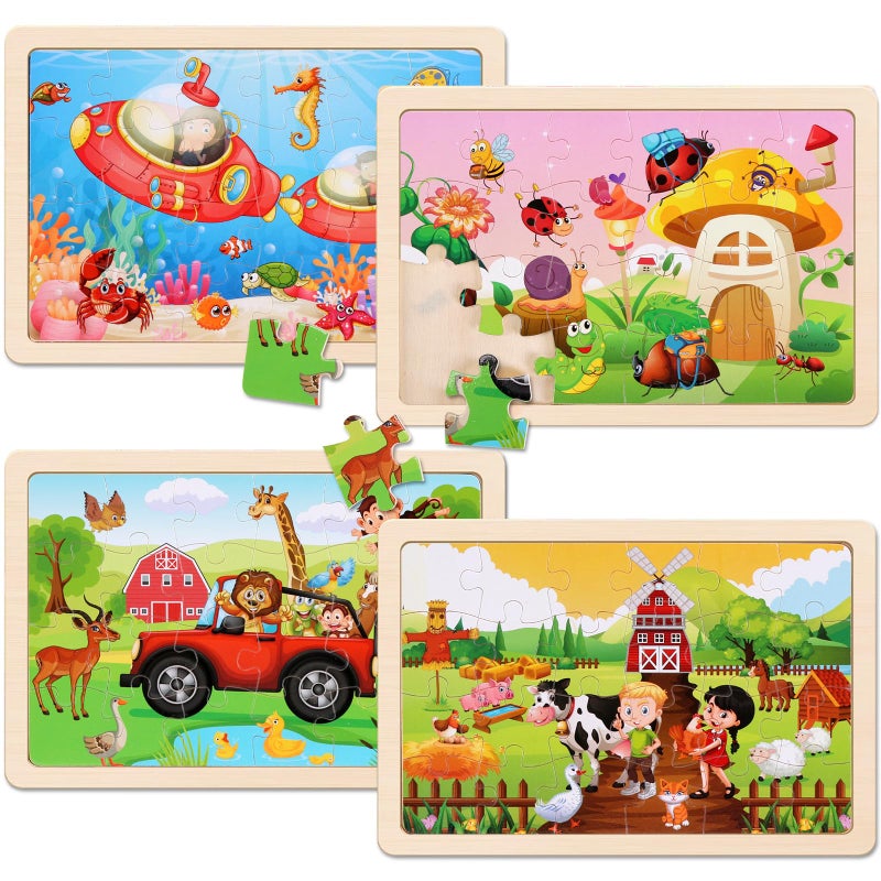 NASHRIO Wooden Puzzles Toys for Kids Ages 3-5, Set of 4 Packs with 20-Piece Farm, Animals Theme Wood Jigsaw Puzzles, Preschool Educational Brain Teaser Toys for Boys and Girls 3-6 Years Old. - Image 2