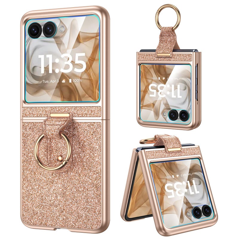 Caka Bling Case for Motorola Razr 2024/2025 Case [NOT for Plus or Ultra], with Finger Ring Holder & Built-in Screen Protector, Slim Thin Protective Phone Cover for Moto Razr 2024 & 2025 - Rose Gold - Image 1