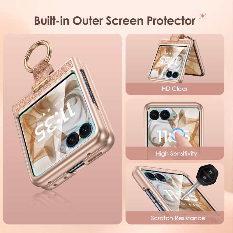 Caka Bling Case for Motorola Razr 2024/2025 Case [NOT for Plus or Ultra], with Finger Ring Holder & Built-in Screen Protector, Slim Thin Protective Phone Cover for Moto Razr 2024 & 2025 - Rose Gold - Image 5
