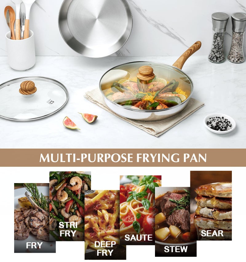 KOCH SYSTEME CS Stainless Steel Pan 10 Inch, Induction Tri-Ply Bottom Stainless Steel Frying Pan with Heat-resistant Bakelite Handle, 10 Inch Stainless Skillet with Lid for Cooking, Dishwasher Safe - Image 4