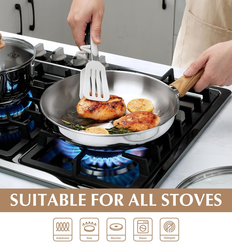 KOCH SYSTEME CS Stainless Steel Pan 10 Inch, Induction Tri-Ply Bottom Stainless Steel Frying Pan with Heat-resistant Bakelite Handle, 10 Inch Stainless Skillet with Lid for Cooking, Dishwasher Safe - Image 2