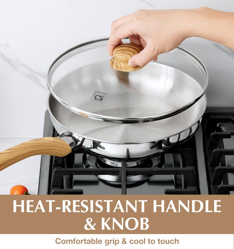KOCH SYSTEME CS Stainless Steel Pan 10 Inch, Induction Tri-Ply Bottom Stainless Steel Frying Pan with Heat-resistant Bakelite Handle, 10 Inch Stainless Skillet with Lid for Cooking, Dishwasher Safe - Image 3