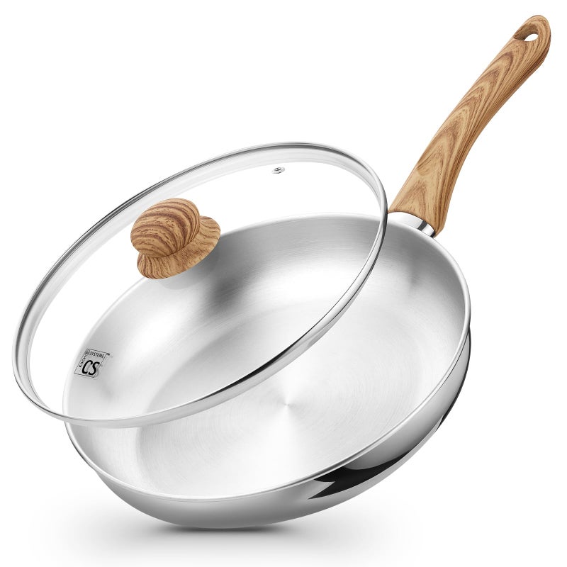 KOCH SYSTEME CS Stainless Steel Pan 10 Inch, Induction Tri-Ply Bottom Stainless Steel Frying Pan with Heat-resistant Bakelite Handle, 10 Inch Stainless Skillet with Lid for Cooking, Dishwasher Safe - Image 1