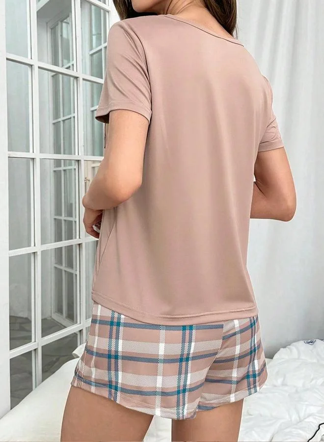 Take Two Beige Plaid Pocket Print T-Shirt and Shorts Set