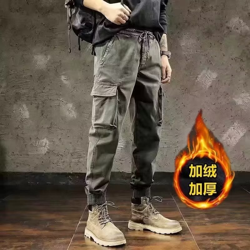 American Style Overalls Mens Autumn Fashion Brand British Loose Casual fleece-lined Pants Green - Image 1