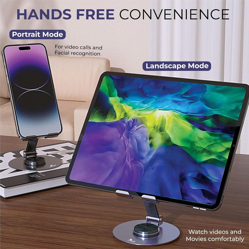 SKYCELL Metal Mobile Stand & Tablet Stand, Foldable & 360° Rotatable Mobile Stand for Table, Multiple Height & Angle Adjustments, Stable Metalic Round Base Weight of Any Phone or Tablet - Image 4